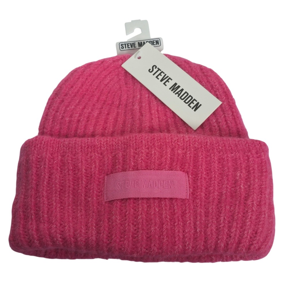 Steve Madden Womens Pink Ribbed Knit Cuffed Beanie Hat NWT Steve Madden Label
